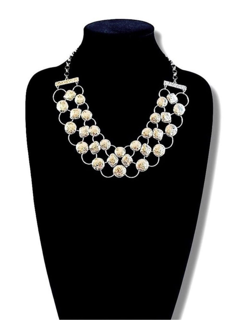 CHICO’S Silver-Tone Flattened Silver Bib Statement Necklace | NWT